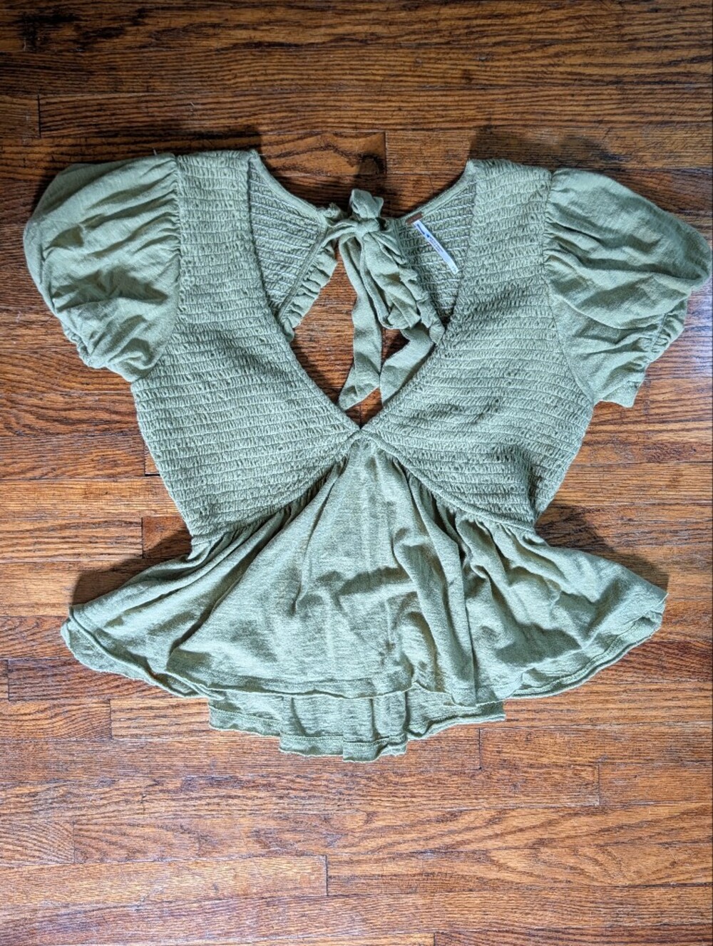 Free People Olive Green Smocked Tie-Back Peplum Top